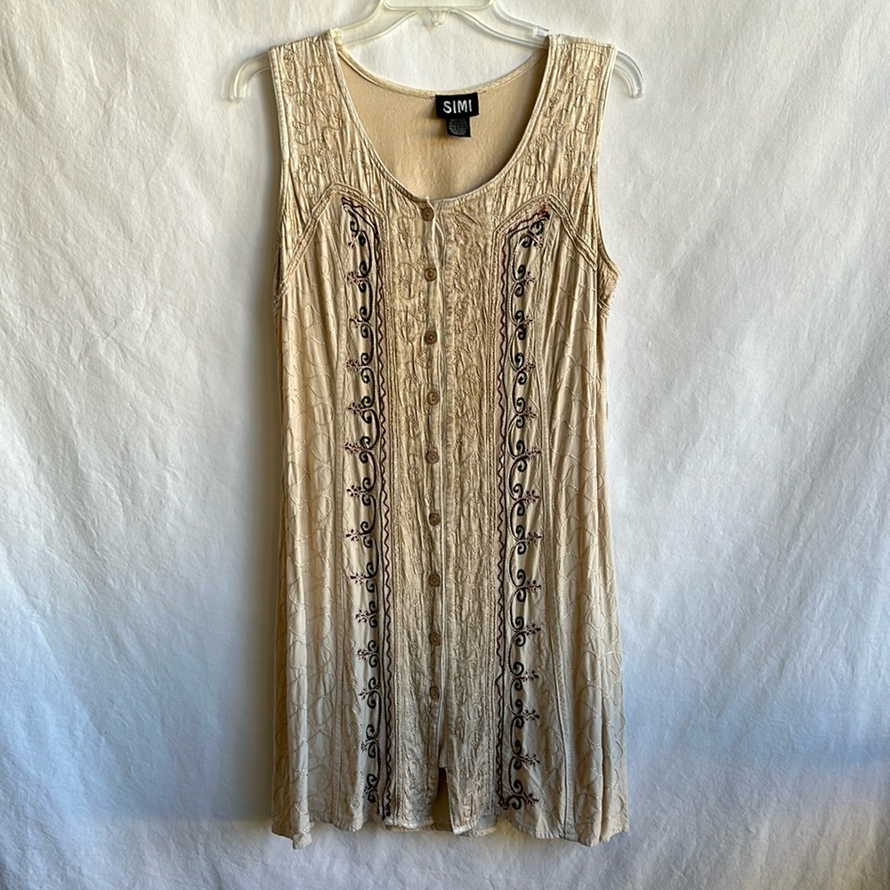 Simi Cream/Tan Embroidered Button-Down Dress With Back Tie, Size M